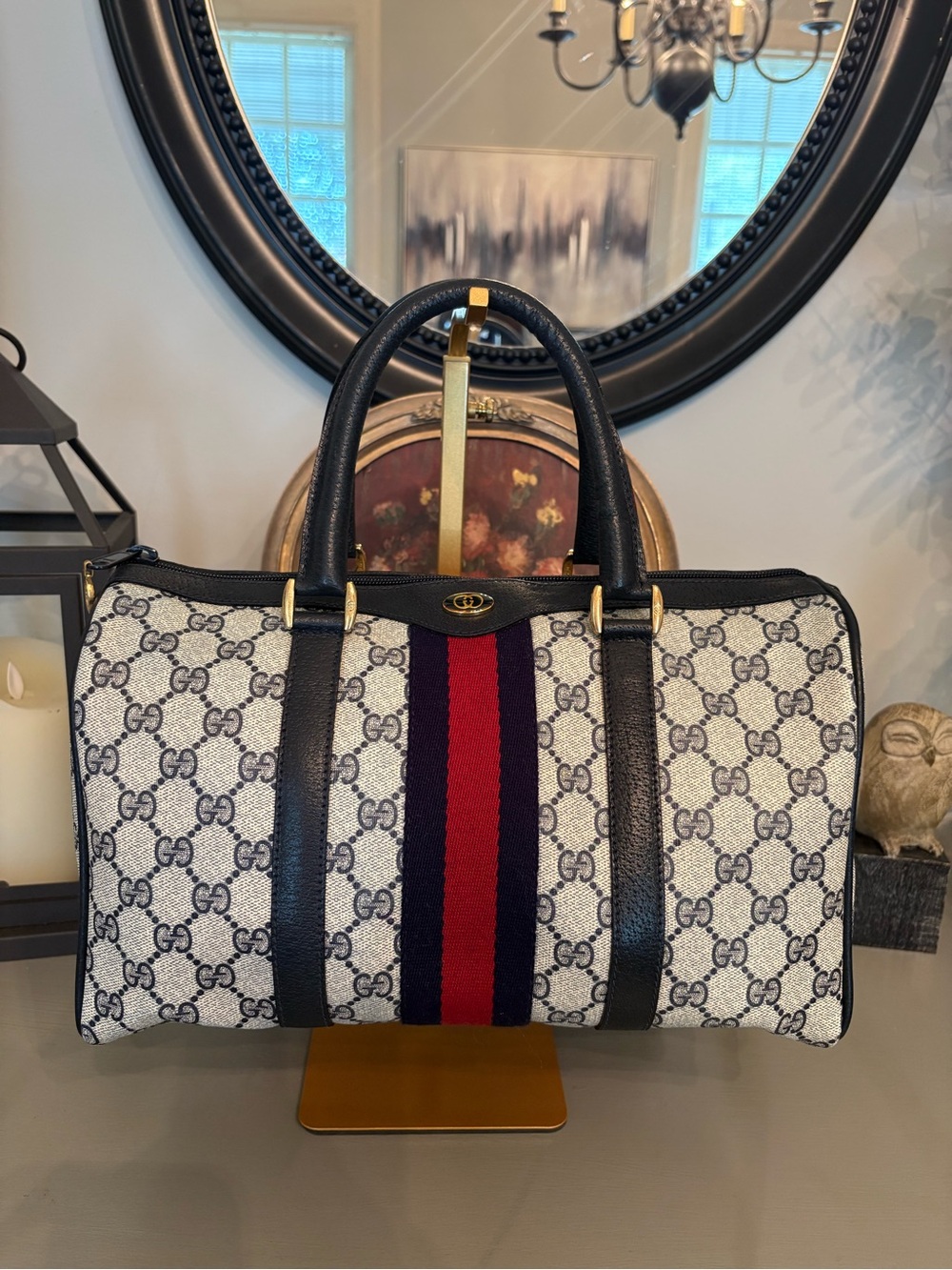 Gucci Vintage GG Supreme Mono Boston Bag-Navy/Red Web Stripe - Picture 2 of 16